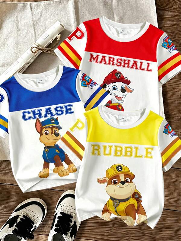 SHEIN | PAW Patrol Young Boy Archie,3-Piece Set Tricolor Contrast Print Short Sleeve T-Shirts, Summer Casual