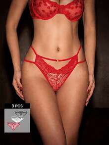 Bella Beso 3 paquetes Conjunto de bragas con encaje de contraste y recortes, lencería sexy - Multicolor - Ver 1