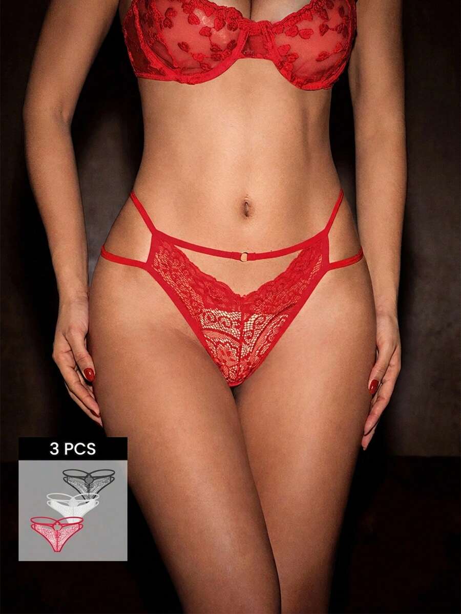 Bella Beso 3 paquetes Conjunto de bragas con encaje de contraste y recortes, lencería sexy - Multicolor - Ver 1