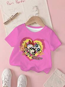 THE POWERPUFF GIRLS X SHEIN 女嬰圓領卡通印花休閒日常短袖上衣 - 白色 - 查看 1