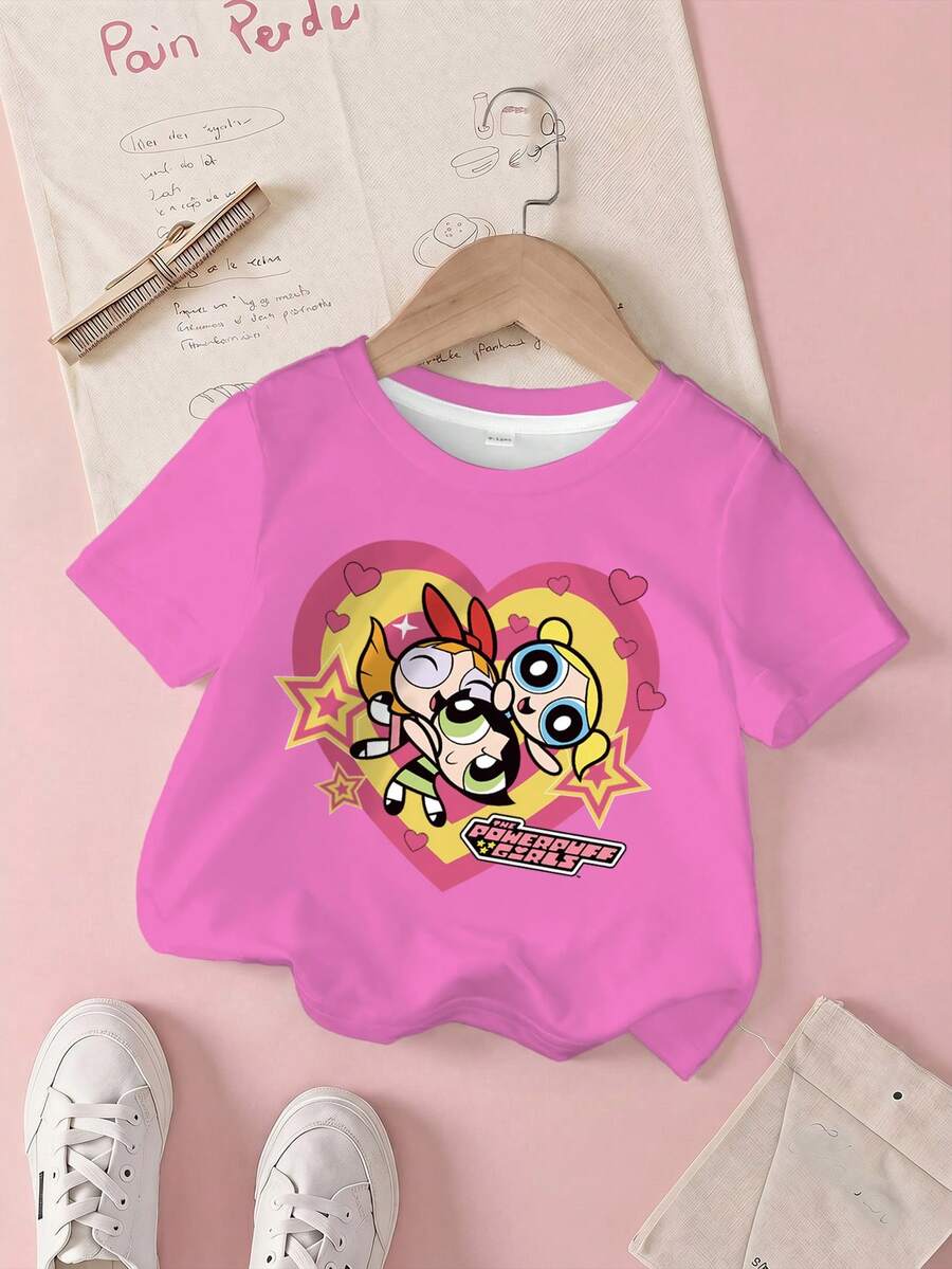 THE POWERPUFF GIRLS X SHEIN 女嬰圓領卡通印花休閒日常短袖上衣 - 白色 - 查看 1