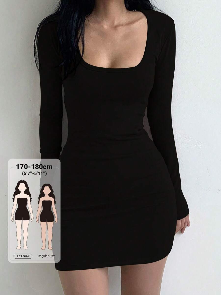 Dazy Tall Gaun Kasual Seksi Pendek Pas Badan Lengan Panjang Leher Persegi Wanita Musim Gugur - Hitam - View 1