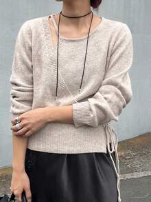 FRIFUL Women's Korean Autumn Outfit Solid Color Tie-Up Bow Knot Sweater - Apricot - View 6