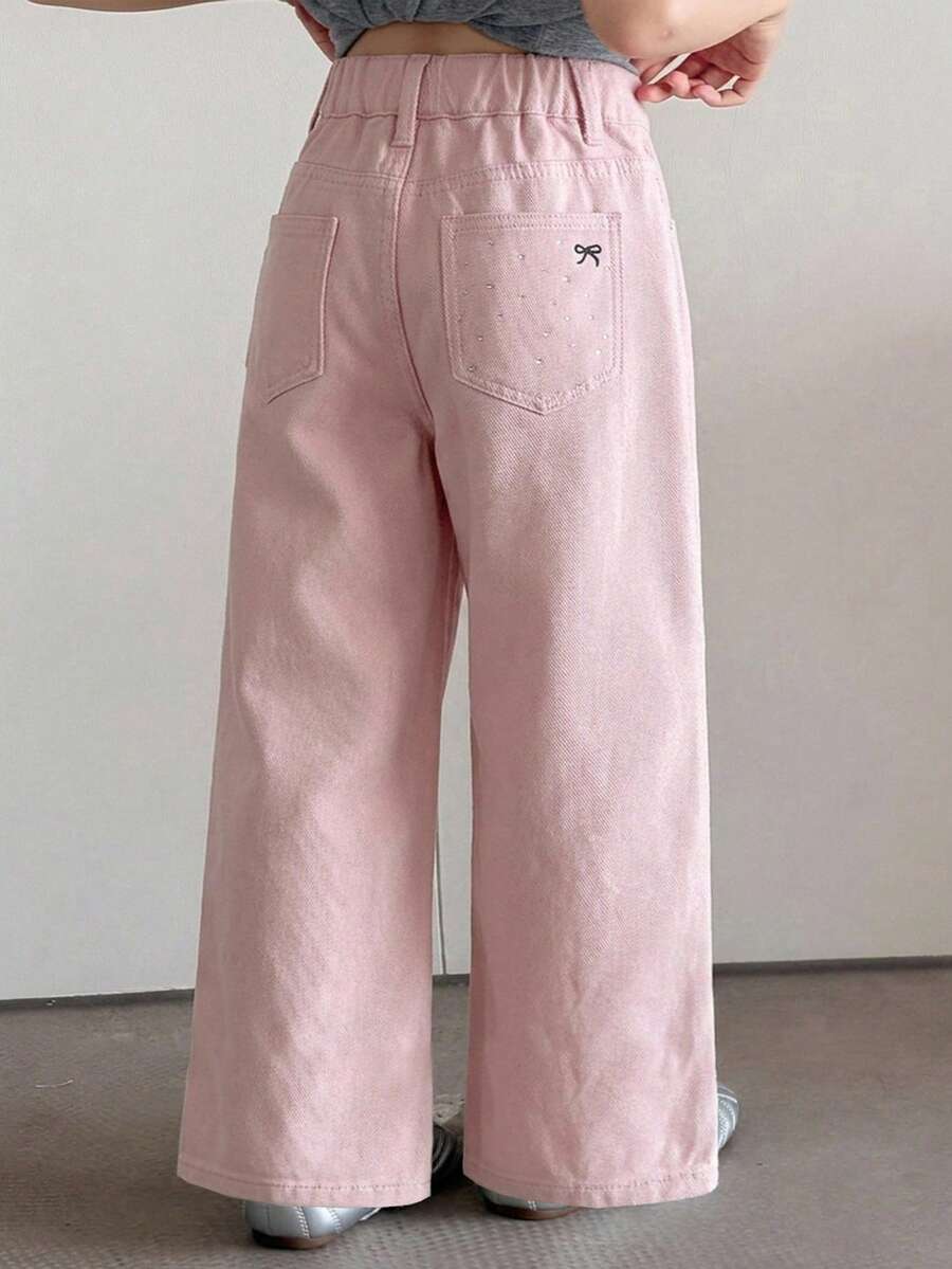 Dazy Kids Jeans de mezclilla para niñas, nuevo estilo primavera/verano, con bolsillos traseros y strass, acampanados (talla grande) - Rosa - Ver 1