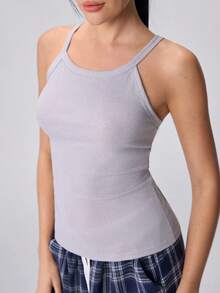 Loungeista Women's Grey Ribbed Sleeveless Racerback Tank Top, Fitted Soft Spring/Summer Casual Everyday Wear - Grey - View 6