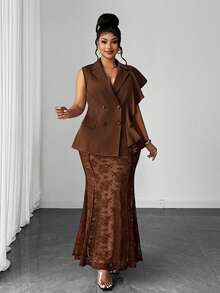 Maweii Plus Size Women's Brown Asymmetrical Ruffle Vest Lace Skirt Set, Double-Breasted Blazer, Sheer Mermaid, Formal Dinner Outfit, Elegant, Summer - Mocha Brown - View 2