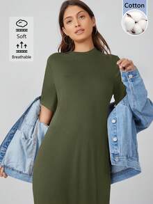 SHEIN BASICS 女款純色休閒基礎款夏季長洋裝，軍綠色，適合日常、白天穿著、旅行度假 - 軍綠色 - 查看 4