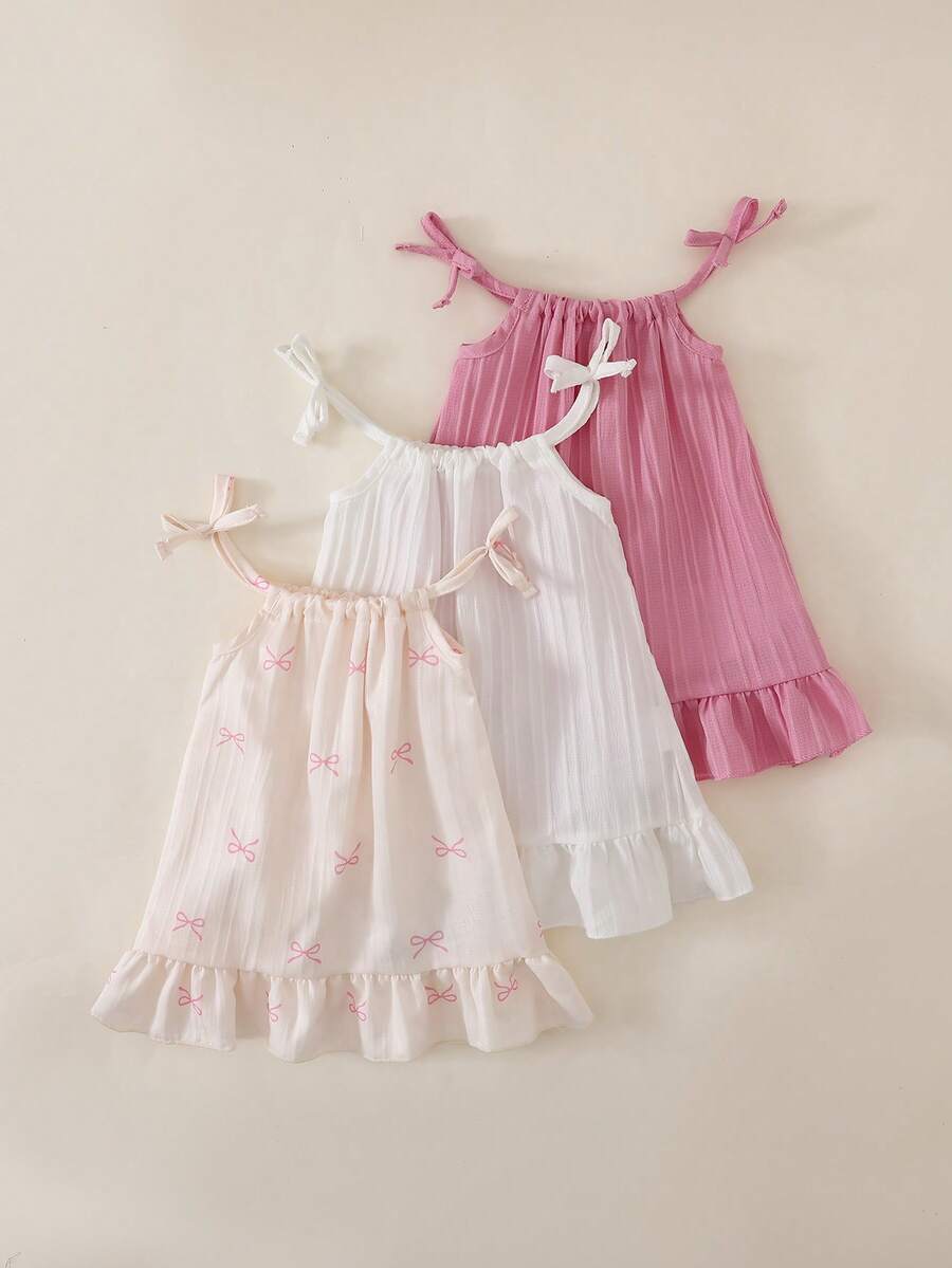 SHEIN 3 件套女童夏装,蝴蝶结肩带纯色和条纹休闲连衣裙,适合日常穿着,女童专属连衣裙 - 彩色 - 查看 1