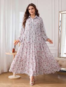 Al Najma 休閒雪紡花卉印花長袖分層寬鬆標準版型春/夏大尺碼女款阿拉伯風洋裝 - 彩色 - 查看 5