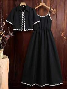 SHEIN Clasi 大尺碼女款2件套：短袖開襟衫與細肩帶洋裝，春夏套裝，夏季服飾，夏季度假穿搭，春季女裝，春季服飾，春季女款，婚禮，婚禮，活動，婚禮，海灘，女款海灘穿搭，女款海灘套裝，嘉年華，嘉年華服裝，嘉年華女款，嘉年華穿搭，2026嘉年華女款造型，嘉年華女款服裝，女款嘉年華服裝，嘉年華度假女款穿搭，女款度假穿搭，夏季度假穿搭，度假，假期，夏季度假穿搭，女款休閒度假套裝，奢華女款兩件套，優雅女款套裝 - 黑色 - 查看 1