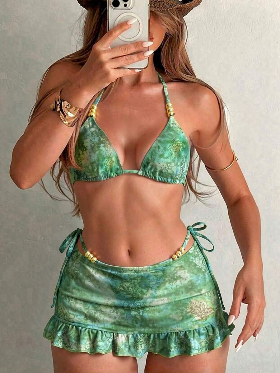 Swim SXY 女款夏季海灘全印花掛脖綁帶性感比基尼三角褲兩件式泳衣套裝附迷你裙 - 彩色 - 查看 1