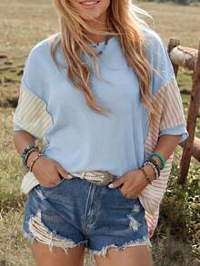 Wildy American Casual Tropical European Boho Western Country Light Blue Patchwork Women's Spring/Summer Daily Vacation Basic Loose Top T-Shirt Outing Picnic - Baby Blue - View 4