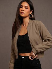 Siren Gaze Chaqueta bomber con cierre de cremallera para otoño/invierno - Marrón Mocha - Ver 7