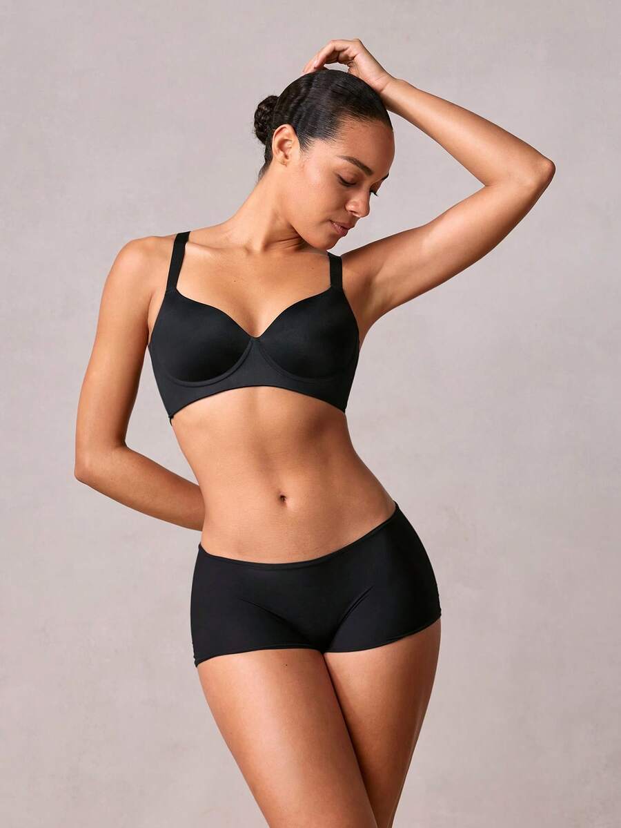 Veilyse Sujetador de mujer simple de unicolor, delgado, sin aros, cómodo que recoge y levanta, previene el hundimiento, cobertura completa, sujetador sin costuras, lencería para el verano para el verano - Negro - Ver 1