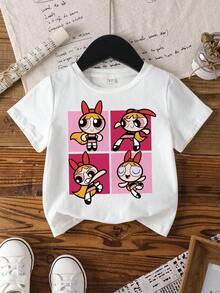 THE POWERPUFF GIRLS X SHEIN 女童夏季休閒卡通印花T恤 - 白色 - 查看 8