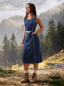 Exploreva Exploreva Damen Rundhals Reißverschluss vorne Taillenband Tasche Lässig Ärmellos Outdoor Kleid - marineblau - Übersicht 1