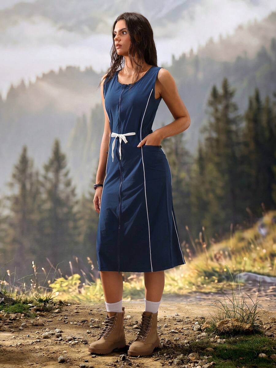 Exploreva Exploreva Damen Rundhals Reißverschluss vorne Taillenband Tasche Lässig Ärmellos Outdoor Kleid - marineblau - Übersicht 1