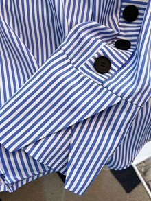 GlowEve CURVE Plus Size Women Stand Collar Striped Long Sleeve Shirt, Suitable For Commuting And Outings Blue And White Striped Shirt Striped Button Up Fall - Blue - View 7