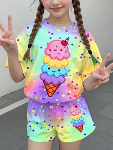 少女休閒簡約可愛夏季冰淇淋圖案，彩色波點紮染印花，甜奶油風，度假風，短袖短褲兩件套，適合夏季，圖形，舒適，女孩套裝，Y2K，Kawaii - 彩色 - 查看 2