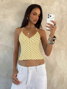 Aloruh Débardeur élégant rétro vintage années 80 70 sexy à pois noirs dos nu Y2K hot girl festival de musique vacances été brunch - Jaune citron - Voir 6