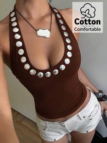 Aloruh 女款棉質鉚釘裝飾深V領露背繫帶修身背心 - 棕色 - 查看 1