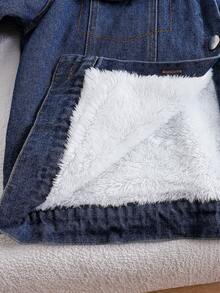 SHEIN 女童大童夾克外套，翻領、口袋、保暖內裡，秋冬休閒日常，學院風 - 藍色 - 查看 8