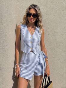 Serisse Women's Casual Vest And Shorts Set, Striped Set, Commuting, Daily, Summer Clothing, Street Style, Suitable For Daily Commuting, Dating, Gathering, Autumn/Winter, Summer, Party, Wedding, Beach, Graduation Ceremony, Elegant, Casual, Outing, Y2K, Music Festival Outfit, Holiday Clothing, Back To School Outfit - Multicolor - View 5