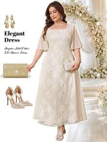 Reflora Plus Size Women Square Neck Jacquard Casual Party Summer Dress - Apricot - View 8