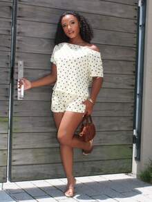 Steph T Women's Casual Casual Black Polka Dot Polka Dot Print Asymmetrical Shoulder Short Sleeve Top And Shorts Set,Summer Outfits For Women Vacation Elegant - Pale Yellow - View 6