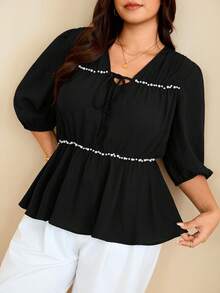 Edennvi Plus Size Women's Black And White V-Neck Pearl Ruched Doll Blouse, 3/4 Petal Sleeve Tie Loose Fit Flattering Belly-Covering Top, Soft Slimming Blouse - Black - View 3