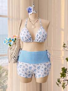 Swim Mod Plus Size Women's Summer Beach Vacation Floral Halter Bikini Set With Cover-Up And Shorts - Multicolor - View 4