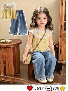 SHEIN Genkimix Kids 2件組少女休閒時尚荷葉蕾絲圓領無袖寬鬆刺繡花卉背心上衣 + 牛仔喇叭褲刺繡百搭褲套裝，適合度假、旅行、日常穿著、夏季，柔軟舒適面料，2026春夏新時尚，度假旅行必備，兒童夏季穿著，26春夏新時尚 - 彩色 - 查看 4