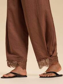 Travachic Women's Solid Color Contrast Lace Trim Lantern Pants Loose Casual Elastic Waist Long Pants Squishy's - Coffee Brown - View 5