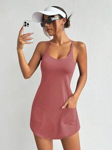Easithlete Easithlete Vestido de unicolor para mujer con 2 en 1, con bolsillos y tirantes de espagueti - Rosa vieja - Ver 3
