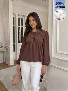 Serisse Women's Coffee Brown, Versatile, Pleated 100 Cotton Round Neck Long-Sleeved Shirt For Autumn, Birthday Holiday Tops Elegant French Casual Brunch - Rust Brown - View 5