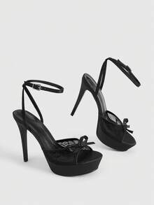CUCCOO LuxiPop Ladies Black Satin Satin Bow Design Lace Stitching High Heel Platform High Heel Sandals - Black - View 4