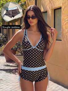 Elavelle Retro Coffee-Colored Polka Dot High-Waisted Swimwear For Women, Contrasting Light Blue, Wide Waistba - Multicolor - View 2