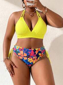 Swim Lushoire Traje de baño de 2 piezas para mujer talla grande con top halter de cuello en V color liso & Bottom de bikini triángulo con cordón estampado para vacaciones y playa - Multicolor - Ver 5