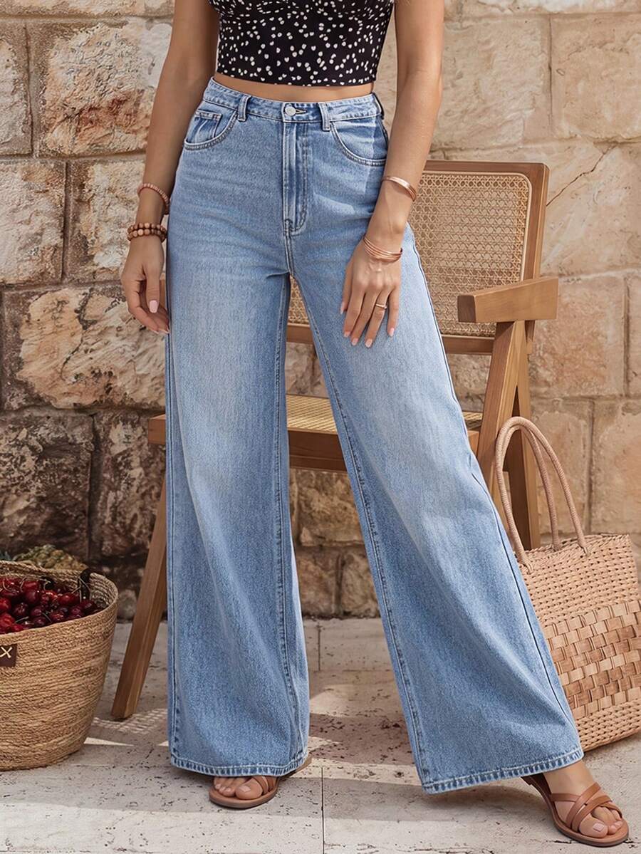 EMERY ROSE Jeans anchos casuales y sueltos con bolsillo y botones frontales para mujer - Lavado ligero - Ver 1