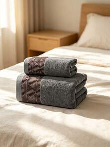1pc/2pcs Luxury Classic Interlocking Pattern Towels With Gold Thread Embroidery, Soft, Water-Absorbent, Lint-Free, Thin Design, Couple Household Towels For Bathing And Face Washing, Bathroom Decor Towels - Grey - View 7