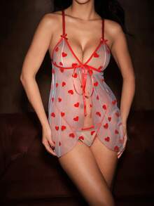 Bella Beso 2pcs Women's Sexy Floral Mesh Robe Set, Front Tie Bow Decor Lingerie Set, For Christmasfor Summer - Red - View 6