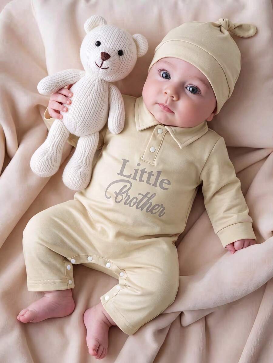 SHEIN Newborn Photoshoot Outfits And Props Squishy Collared Graphic 100-Day Long-Sleeved Jumpsuit - Khaki - View 1
