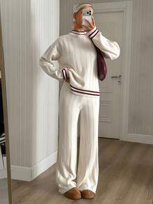 Pariaura Women's Ribbed Striped Long Sleeve Sweater And Knit Pants Set, Soft Style - White - View 6