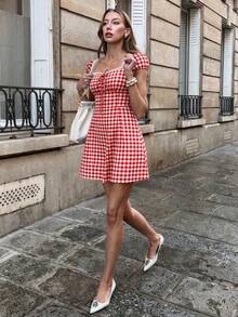 SHEIN PariChic Women's Spring/Summer New French Style Cute Vacation Blue & White Plaid Ruffle Splice Square Collar Mini Dress - Red - View 6