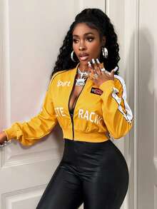 BamGleam Women's Letter Pattern Long Sleeve Zip-Up Baseball Jacket - Yellow - View 6