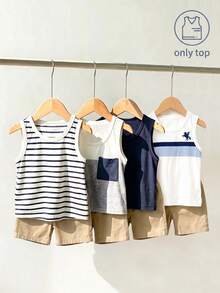 SHEIN Playful Pals 嬰幼兒(男童)上衣，4件圓領無袖背心，清新簡約風格，適合夏季，直筒百搭剪裁，百搭背心，可單穿或作為內搭，乾淨、休閒、百搭、簡約且帶有設計感 - 彩色 - 查看 7
