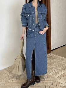 DAZY Women's Lapel Long Sleeve Cropped Frayed Hem Jacket And Straight Leg Long Skirt Casual Denim Set Fall - Medium Wash - View 5