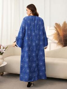 Lacomfia Casual Boho Printed Patchwork Solid Color Notch Neck Long Sleeve Loose Regular Fit Plus Size Dress Spring Autumn Vacation Formal Blue - Blue - View 2