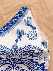 Soleia 女款白色與藍色花卉不對稱肩露背上衣，夏季波希米亞風海灘度假休閒花卉上衣 - 彩色 - 查看 7