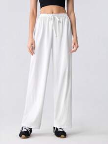 Loungeista New Spring/Summer Women Casual Solid Color Fine Stripe Elastic Waist Straight Leg Comfortable Wide Leg Pants - White - View 1